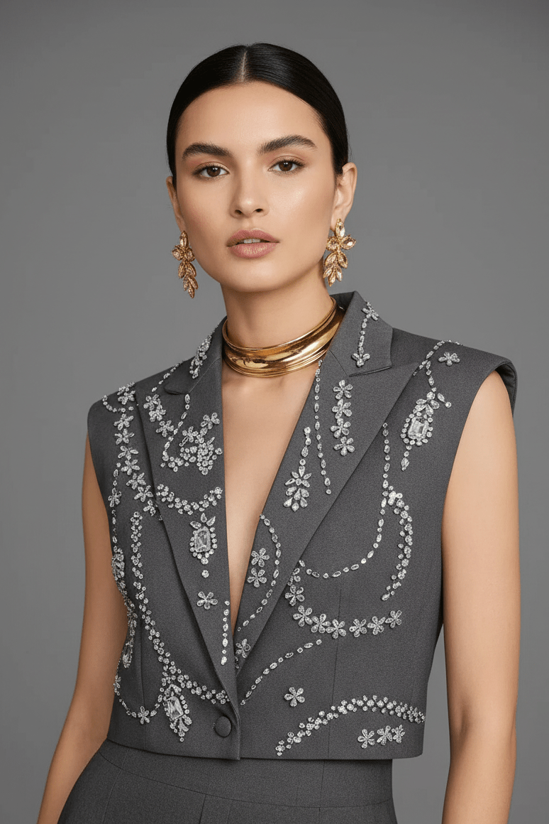Rhinestone Deep V Sleeveless Cropped Blazer VestBlazerGrayS(6)Luxe Lane