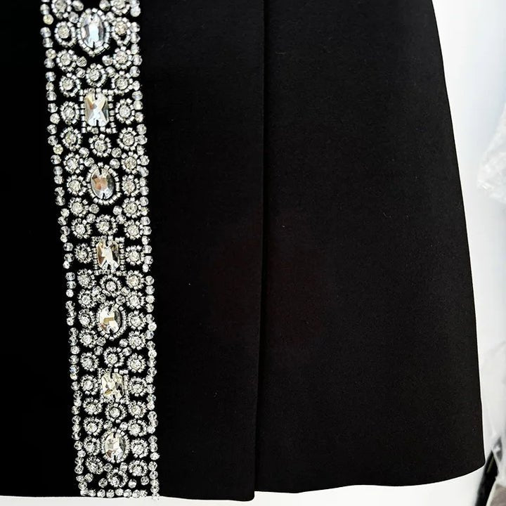 Rhinestone Embellished Black Crop Top & Mini Skirt Set by Luxe Lane | Skirts Suits from Luxe Lane | SKU: -1 | Barcode:  | Options: Black S(6) | Women 2 Piece Sets Outfits Designer Rhinestone Embellished Black Cropped Top and Mini Skirt Set