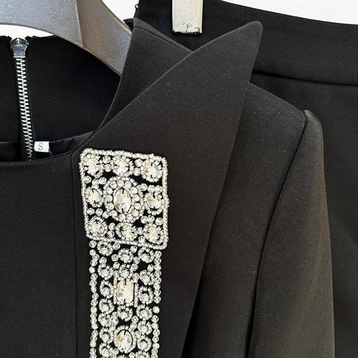 Rhinestone Embellished Black Crop Top & Mini Skirt Set by Luxe Lane | Skirts Suits from Luxe Lane | SKU: -1 | Barcode:  | Options: Black S(6) | Women 2 Piece Sets Outfits Designer Rhinestone Embellished Black Cropped Top and Mini Skirt Set