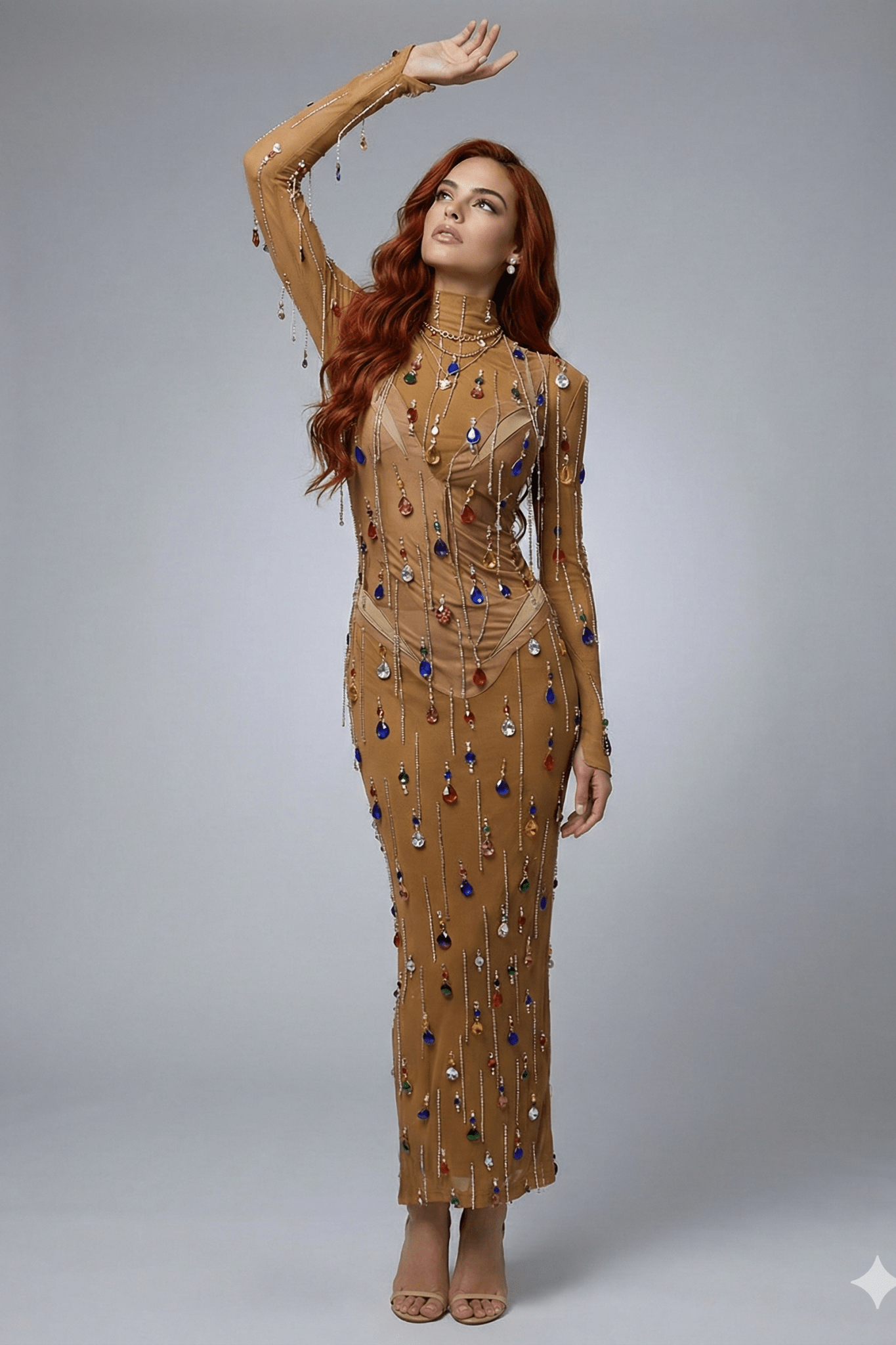 Rhinestone Fringe Mesh Performance Maxi Gown by Luxe Lane | Stage & Dancerwear from Luxe Lane | SKU: -1 | Barcode:  | Options: Gold S | Rhinestone Fringe Mesh Performance Maxi Gown