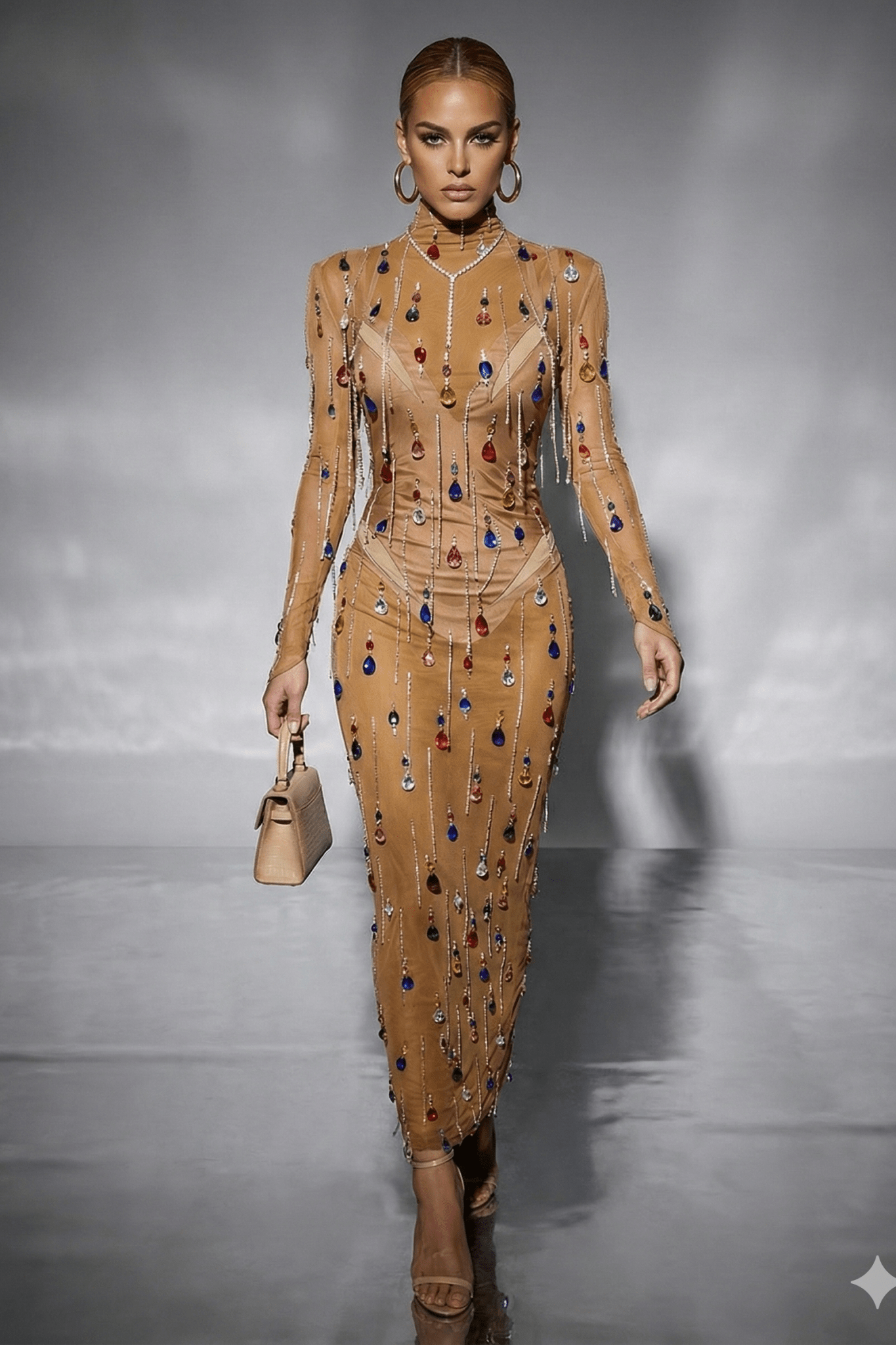 Rhinestone Fringe Mesh Performance Maxi Gown by Luxe Lane | Stage & Dancerwear from Luxe Lane | SKU: -1 | Barcode:  | Options: Gold S | Rhinestone Fringe Mesh Performance Maxi Gown