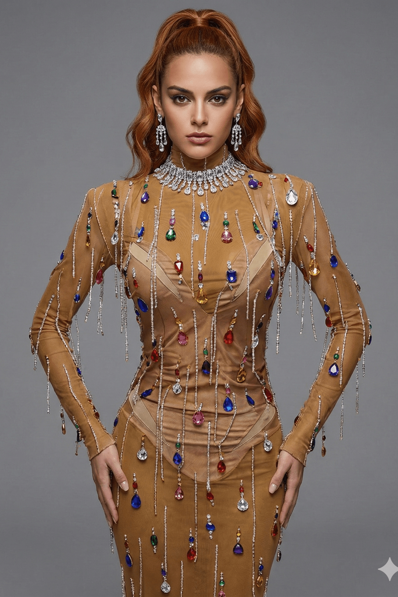 Rhinestone Fringe Mesh Performance Maxi Gown by Luxe Lane | Stage & Dancerwear from Luxe Lane | SKU: -1 | Barcode:  | Options: Gold S | Rhinestone Fringe Mesh Performance Maxi Gown