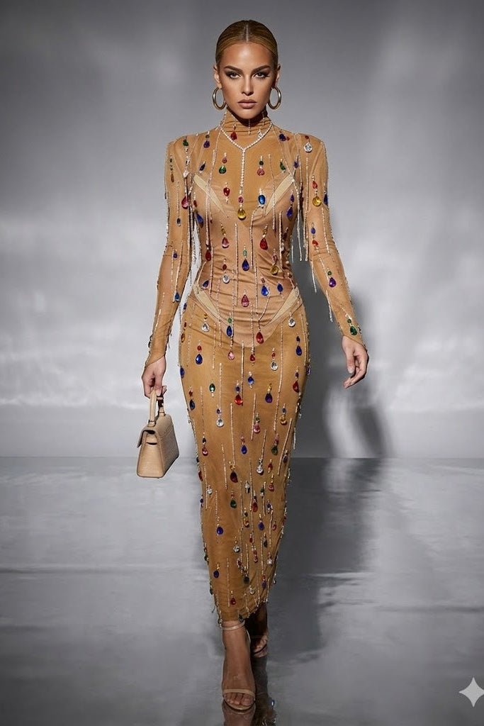 Rhinestone Fringe Mesh Performance Maxi Gown by Luxe Lane | Stage & Dancerwear from Luxe Lane | SKU: -1 | Barcode:  | Options: Gold S | Rhinestone Fringe Mesh Performance Maxi Gown