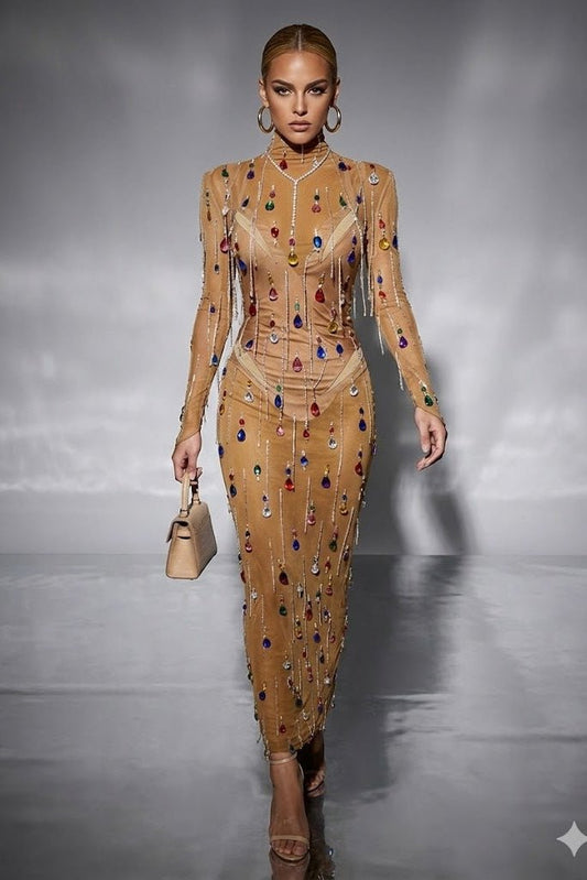 Rhinestone Fringe Mesh Performance Maxi Gown by Luxe Lane | Stage & Dancerwear from Luxe Lane | SKU: -1 | Barcode:  | Options: Gold S | Rhinestone Fringe Mesh Performance Maxi Gown