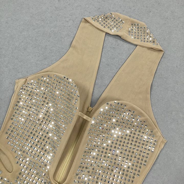 Rhinestone Halter Evening Gown by Shine | Party dresses from Luxe Lane | SKU: -1 | Barcode:  | Options: Apricot S(6) | Oem Factory Low Moq Custom Elegant Womens Clothing Hot Drilling Rhinestone Halter Luxury Party Dresses Long Evening Gowns