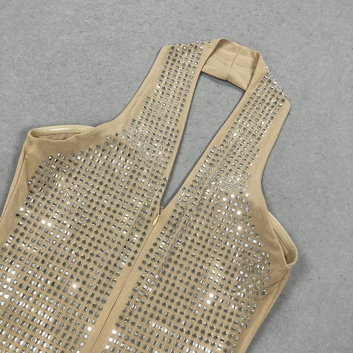 Rhinestone Halter Evening Gown by Shine | Party dresses from Luxe Lane | SKU: -1 | Barcode:  | Options: Apricot S(6) | Oem Factory Low Moq Custom Elegant Womens Clothing Hot Drilling Rhinestone Halter Luxury Party Dresses Long Evening Gowns