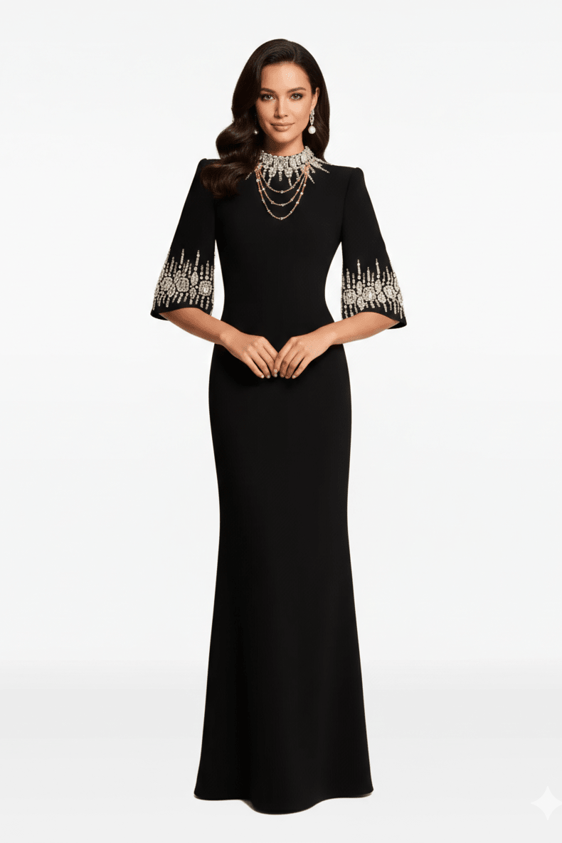 Rhinestone High Neck Long Sleeve A Line Evening GownParty dressesBlackS(6)blackLuxe Lane