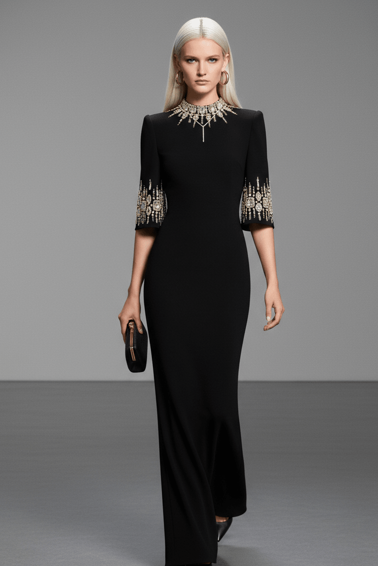 Rhinestone High Neck Long Sleeve A Line Evening GownParty dressesBlackS(6)blackLuxe Lane