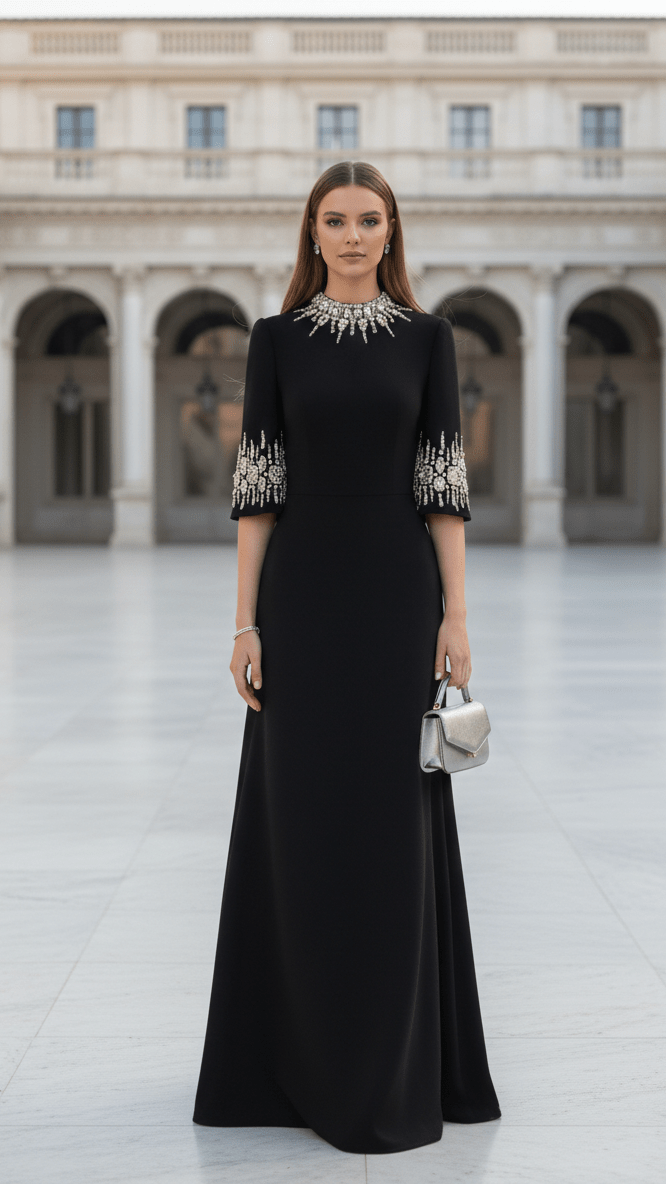 Rhinestone High Neck Long Sleeve A Line Evening GownParty dressesBlackS(6)blackLuxe Lane