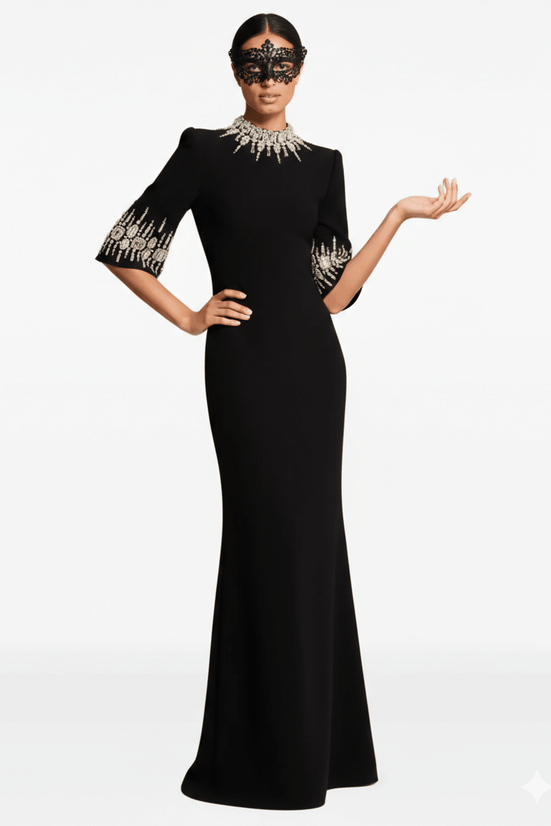 Rhinestone High Neck Long Sleeve A Line Evening GownParty dressesBlackS(6)blackLuxe Lane