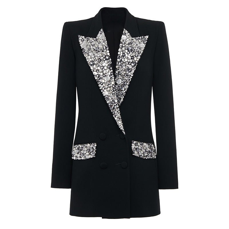 Rhinestone Lapel Double - Breasted Blazer Dress by Luxe Lane | from Luxe Lane | SKU: -6 | Barcode:  | Options: Black S(2) | Rhinestone Lapel Double - Breasted Blazer Dress