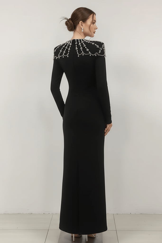 Rhinestone Long Sleeve Bodycon Evening Dress by Shine | from Luxe Lane | SKU: -6 | Barcode:  | Options: Black M(8) | Rhinestone Long Sleeve Bodycon Evening Dress