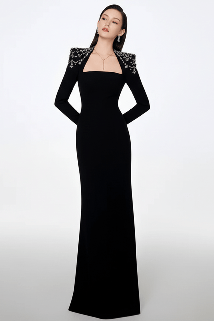 Rhinestone Long Sleeve Bodycon Evening Dress by Shine | from Luxe Lane | SKU: -6 | Barcode:  | Options: Black M(8) | Rhinestone Long Sleeve Bodycon Evening Dress