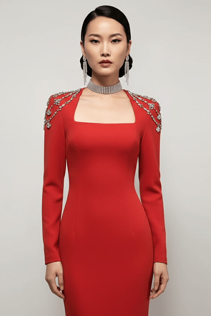 Rhinestone Long Sleeve Bodycon Evening Dress by Shine | from Luxe Lane | SKU: -6 | Barcode:  | Options: Black M(8) | Rhinestone Long Sleeve Bodycon Evening Dress