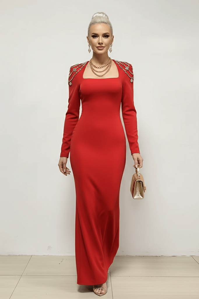 Rhinestone Long Sleeve Bodycon Evening Dress by Shine | from Luxe Lane | SKU: -6 | Barcode:  | Options: Black M(8) | Rhinestone Long Sleeve Bodycon Evening Dress