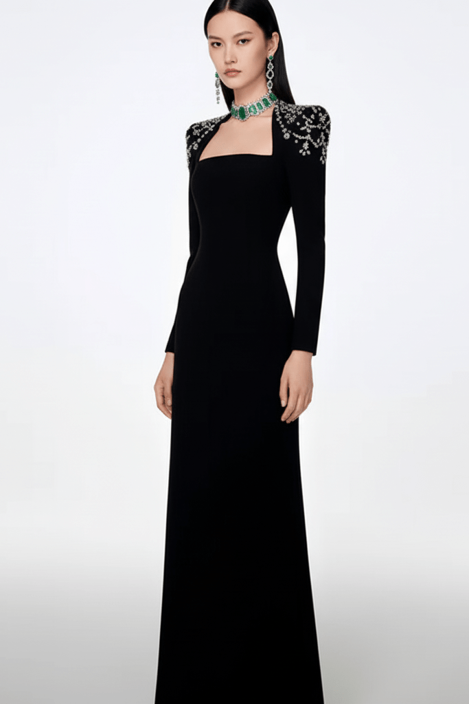 Rhinestone Long Sleeve Bodycon Evening Dress by Shine | from Luxe Lane | SKU: -6 | Barcode:  | Options: Black M(8) | Black evening gown with intricate shoulder detailing on a white background