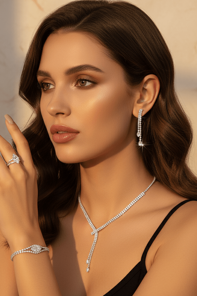Rhinestone Necklace, Earrings, Bracelet & Ring Set by CJ | jewelry from Luxe Lane | SKU: CJLX224429501AZ | Barcode:  | Options: | Woman wearing a diamond necklace, earrings, and ring with a neutral background