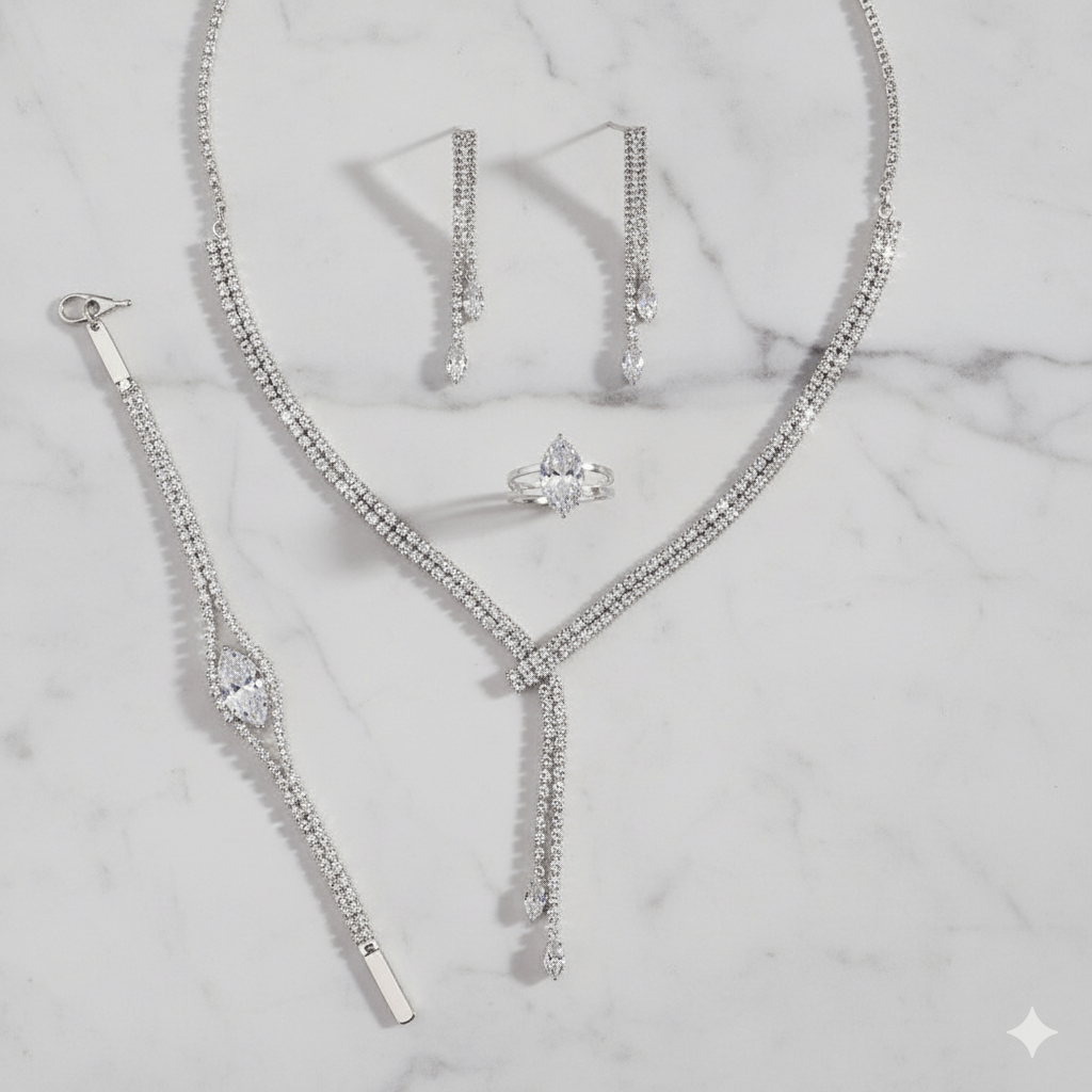 Rhinestone Necklace, Earrings, Bracelet & Ring Set by CJ | jewelry from Luxe Lane | SKU: CJLX224429501AZ | Barcode:  | Options: | Rhinestone Necklace, Earrings, Bracelet & Ring Set