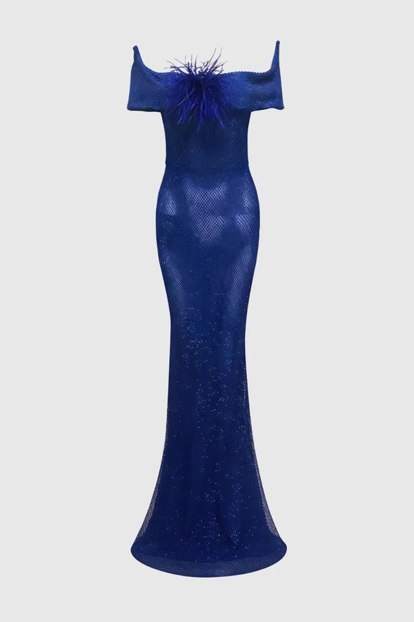 Rhinestone Off - Shoulder Feather Mermaid Maxi Evening DressEvening Maxi DressBlueS(6)blueLuxe Lane