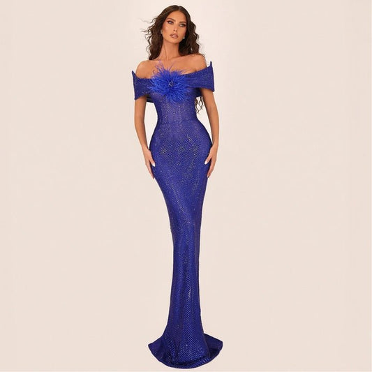 Rhinestone Off - Shoulder Feather Mermaid Maxi Evening DressEvening Maxi DressBlueS(6)blueLuxe Lane