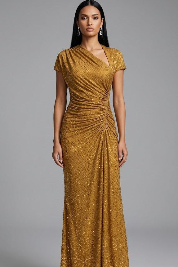 Rhinestone Ruched Mesh Maxi DressParty DressesGoldenS(2)Luxe Lane