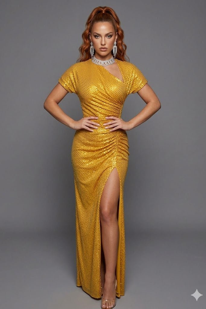 Rhinestone Ruched Mesh Maxi DressParty DressesGoldenS(2)Luxe Lane