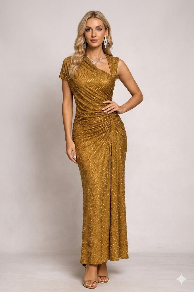 Rhinestone Ruched Mesh Maxi DressParty DressesGoldenS(2)Luxe Lane