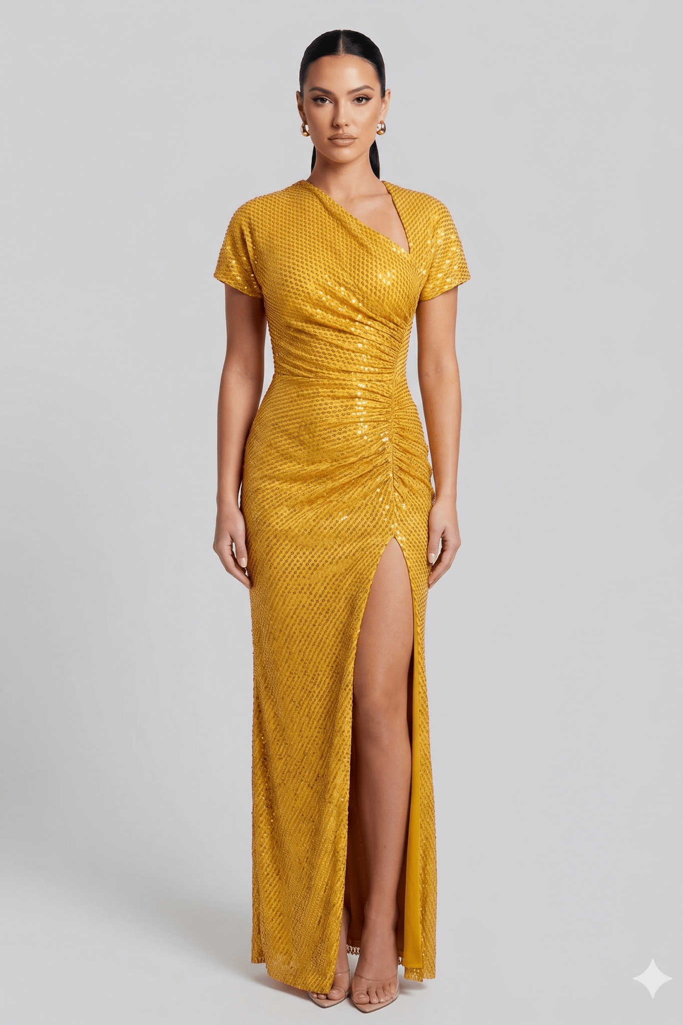 Rhinestone Ruched Mesh Maxi DressParty DressesGoldenS(2)Luxe Lane