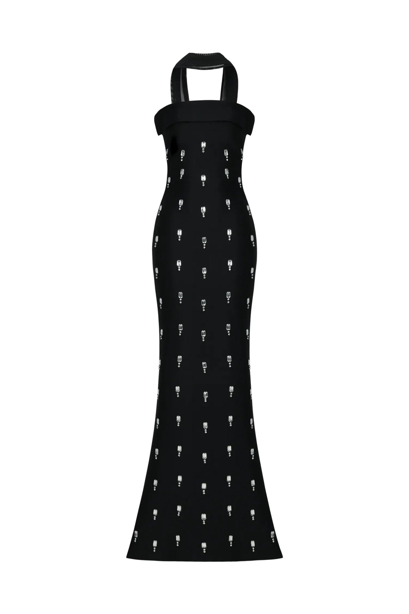 Rhinestone Scarf - Neck Off - Shoulder Bodycon Maxi Evening Dress by Shine | heath gown from Luxe Lane | SKU: -1 | Barcode:  | Options: Black S(6) | Rhinestone Scarf - Neck Off - Shoulder Bodycon Maxi Evening Dress