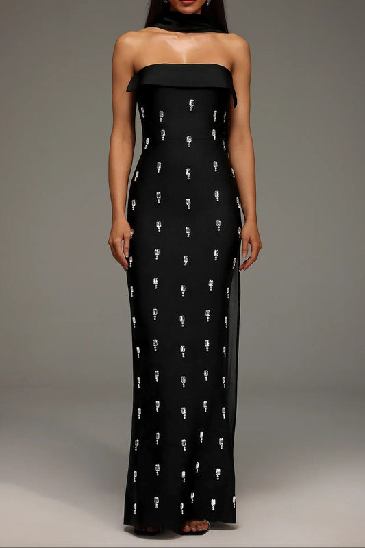 Rhinestone Scarf - Neck Off - Shoulder Bodycon Maxi Evening Dress by Shine | heath gown from Luxe Lane | SKU: -1 | Barcode:  | Options: Black S(6) | Woman wearing a black strapless gown with white patterns on a gray background