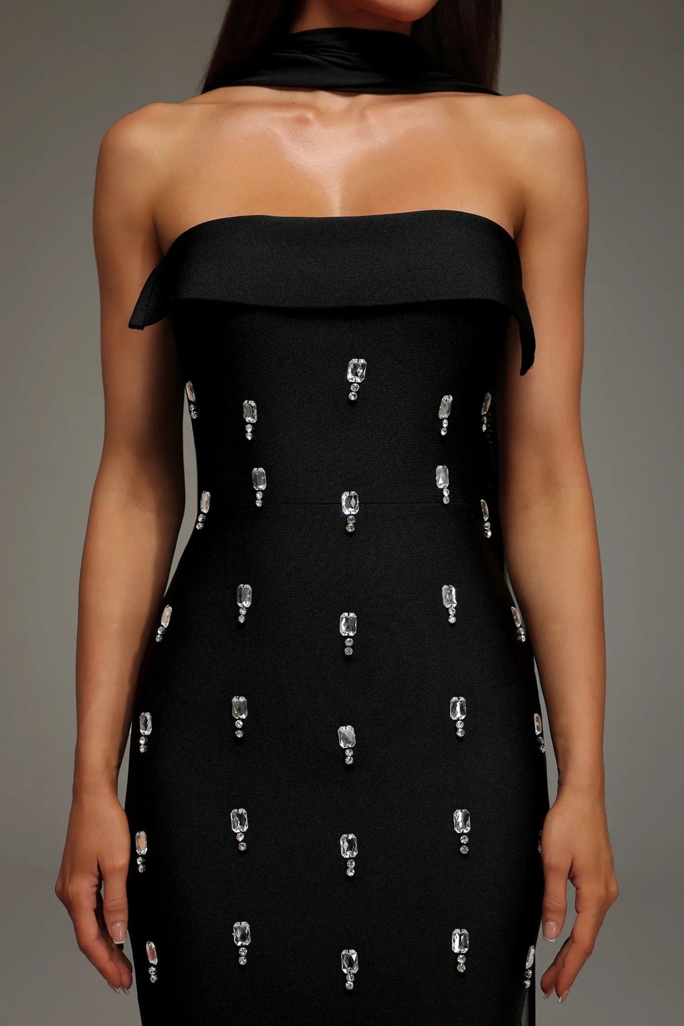 Rhinestone Scarf - Neck Off - Shoulder Bodycon Maxi Evening Dress by Shine | heath gown from Luxe Lane | SKU: -1 | Barcode:  | Options: Black S(6) | Rhinestone Scarf - Neck Off - Shoulder Bodycon Maxi Evening Dress