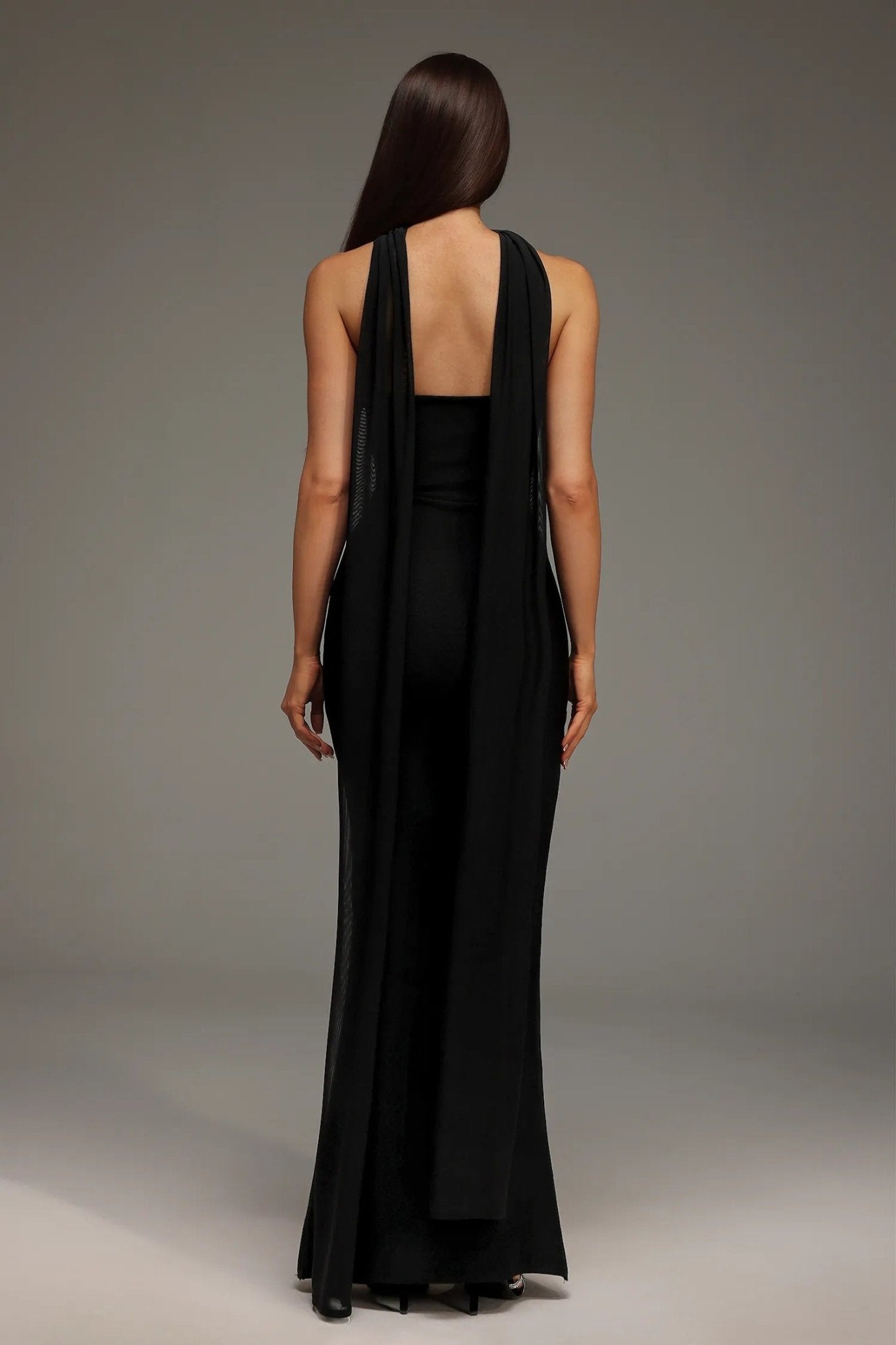 Rhinestone Scarf - Neck Off - Shoulder Bodycon Maxi Evening Dress by Shine | heath gown from Luxe Lane | SKU: -1 | Barcode:  | Options: Black S(6) | Rhinestone Scarf - Neck Off - Shoulder Bodycon Maxi Evening Dress