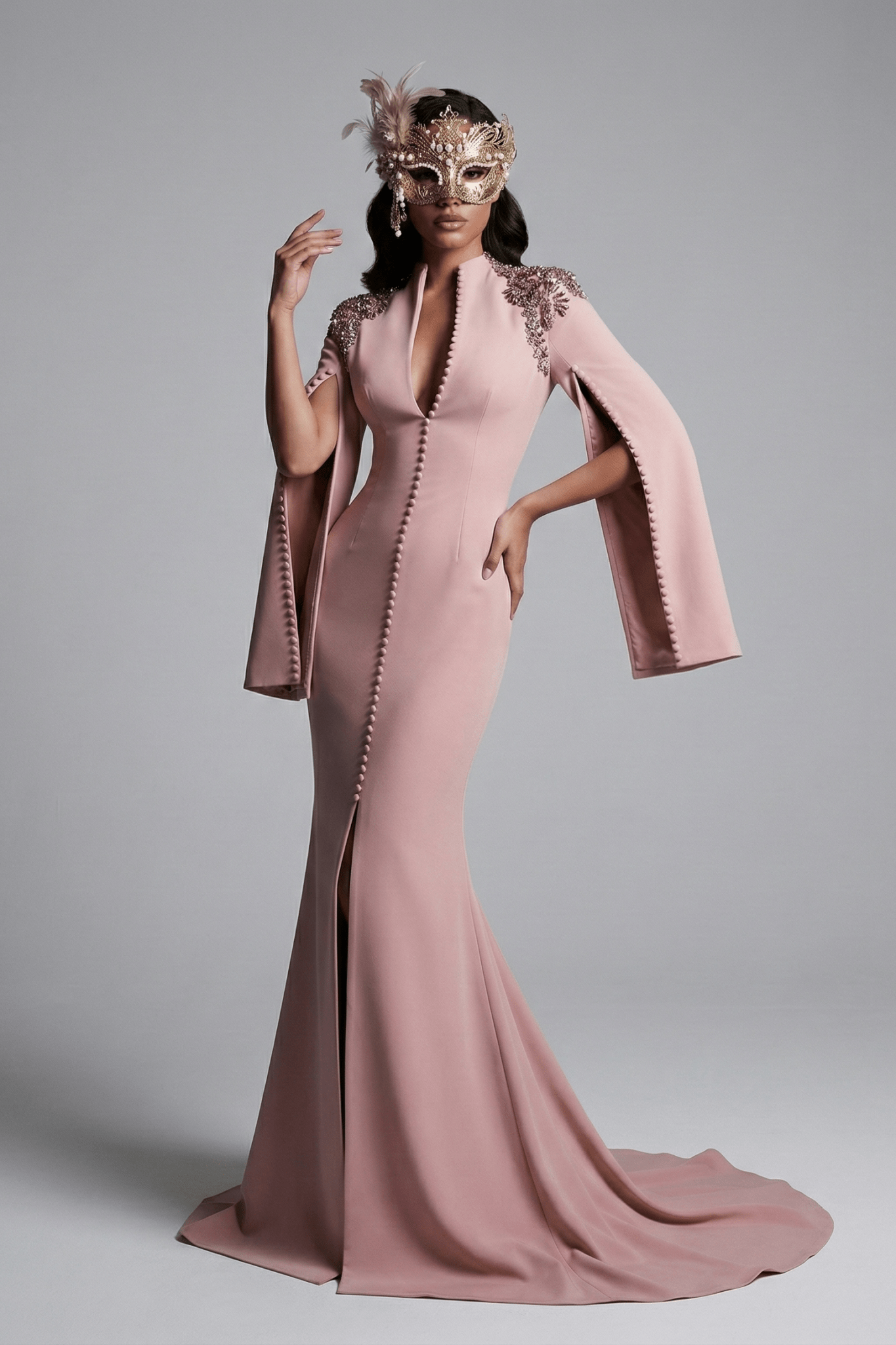 Rhinestone Sequin Split Maxi Evening Gown by Luxe Lane | Party dresses from Luxe Lane | SKU:  | Barcode:  | Options: Pink S(6) | Woman wearing a pink evening gown with gold accents and a matching mask on a gray background