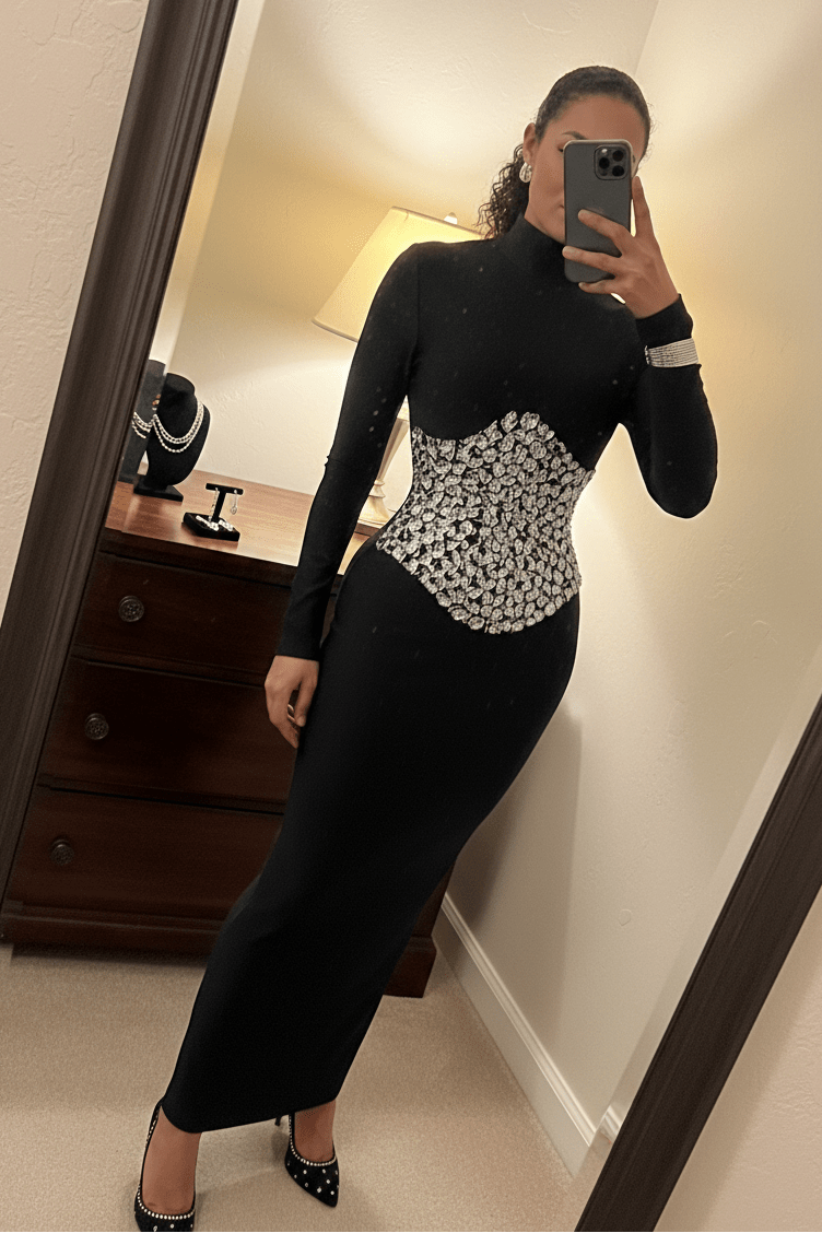 Rhinestone Waist High - Neck Bodycon Maxi Evening DressBlackS(6)blackLuxe Lane