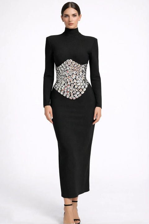 Rhinestone Waist High - Neck Bodycon Maxi Evening Dress by Luxe Lane | from Luxe Lane | SKU: W11220-1 | Barcode:  | Options: Black S(6) | OEM Luxury Rhinestone Waist Bodycon Formal Evening Party Dresses Black Turtleneck Long Sleeve Maxi Bandage Dress for Women