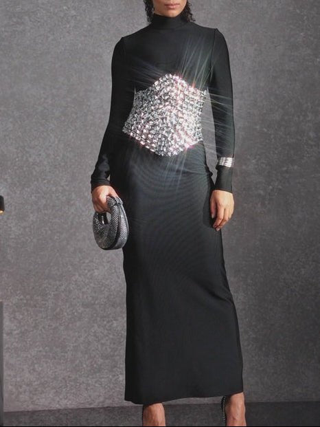 Rhinestone Waist High - Neck Bodycon Maxi Evening Dress by Luxe Lane | from Luxe Lane | SKU: W11220-1 | Barcode:  | Options: Black S(6) | Woman wearing a black dress with a silver embellished section against a gray background