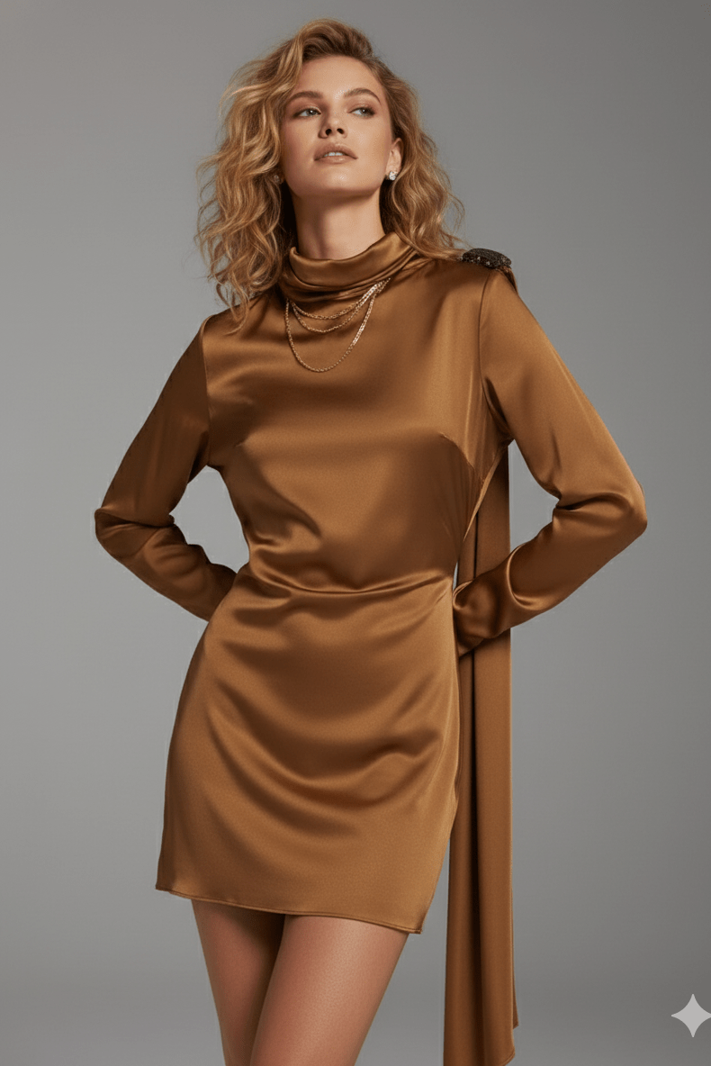 Ribbon Half - Turtleneck Pleated Mini Dress by Luxe Lane | from Luxe Lane | SKU: 1688138-1 | Barcode:  | Options: Khaki S(6) | Woman wearing a brown dress against a gray background
