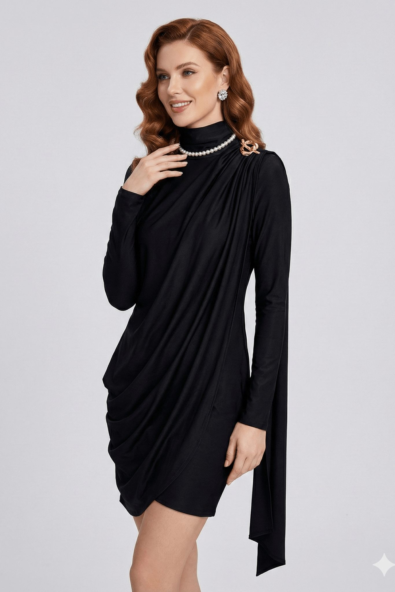 Ribbon Half - Turtleneck Pleated Mini Dress by Luxe Lane | from Luxe Lane | SKU: 1688138-5 | Barcode:  | Options: Black S(6) | Woman wearing a black dress with a draped design on a gray background
