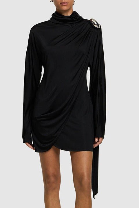 Ribbon Half - Turtleneck Pleated Mini Dress by Luxe Lane | from Luxe Lane | SKU: 1688138-5 | Barcode:  | Options: Black S(6) | Grossiste Vtement Femme Ribbon Design Dresses Half Turtleneck Short Dress for Ladies Sexy Outing