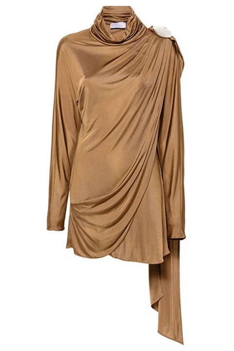 Ribbon Half - Turtleneck Pleated Mini Dress by Luxe Lane | from Luxe Lane | SKU: 1688138-5 | Barcode:  | Options: Black S(6) | Grossiste Vtement Femme Ribbon Design Dresses Half Turtleneck Short Dress for Ladies Sexy Outing