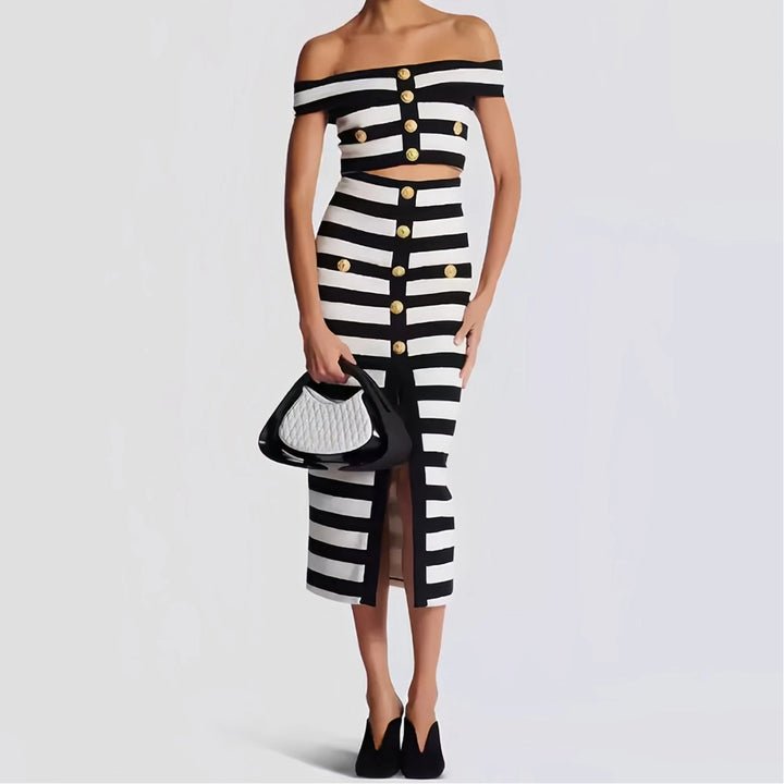 Riviera Monochrome Striped Gold Button Co - Ord Set by Luxe Lane | 2 piece shorts set from Luxe Lane | SKU: -1 | Barcode:  | Options: Black and white S | Elegant Black White Striped Two Piece Set Women's Off Shoulder Crop Top and Midi Skirt Set With Gold Button Formal Party Outfit