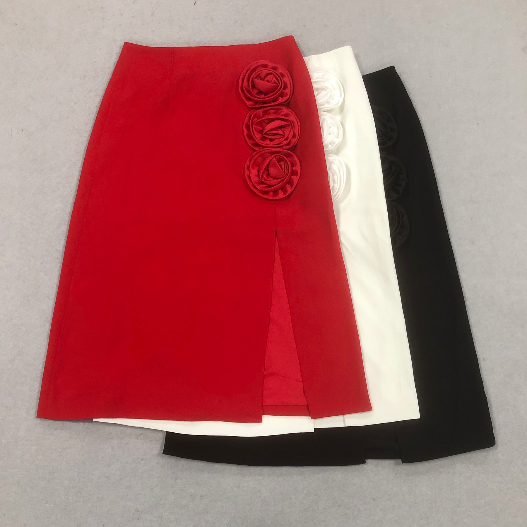 Riviera Red 3D Floral Maxi Skirt by Luxe Lane | from Luxe Lane | SKU:  | Barcode:  | Options: Black S | High Quality Ladies Winter Clothes 3D Flower Red Maxi Long Slit Casual Skirt Pencil Bodycon Bandage Skirts for Women