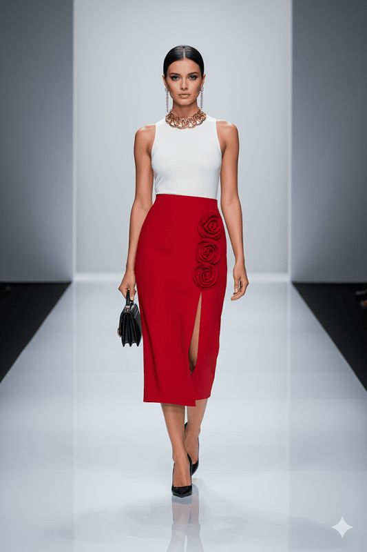 Riviera Red 3D Floral Maxi Skirt by Luxe Lane | from Luxe Lane | SKU:  | Barcode:  | Options: Red S | Riviera Red 3D Floral Maxi Skirt