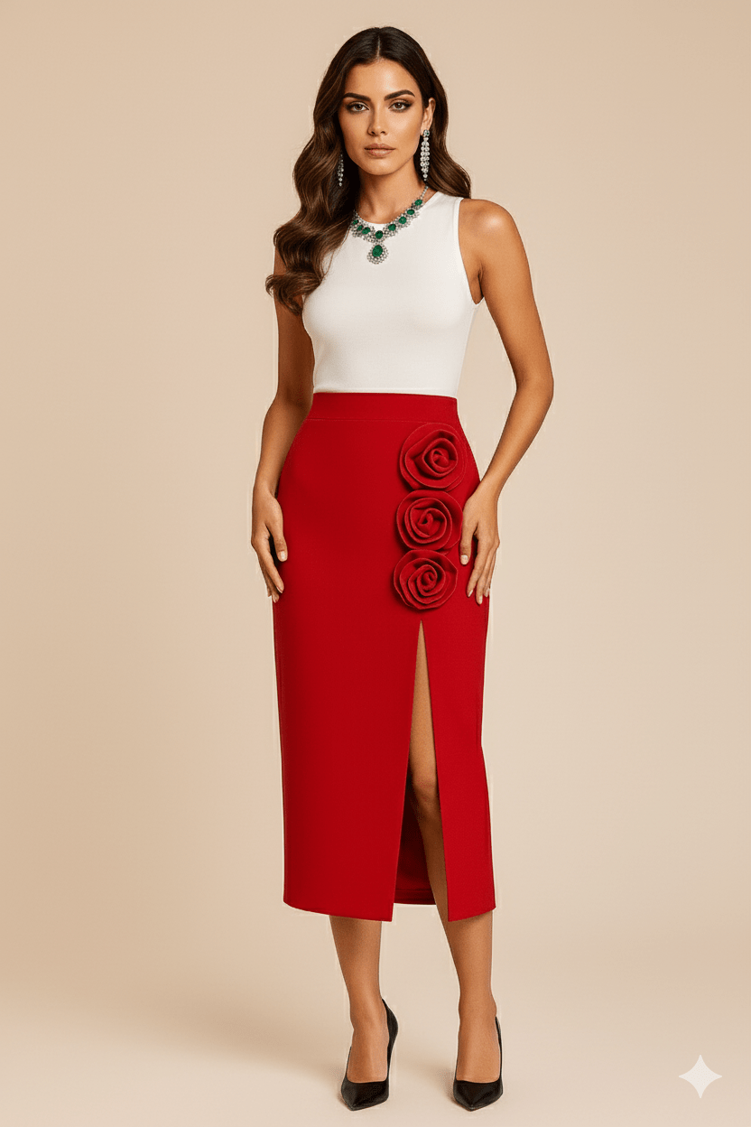 Riviera Red 3D Floral Maxi Skirt by Luxe Lane | from Luxe Lane | SKU:  | Barcode:  | Options: White S | Riviera Red 3D Floral Maxi Skirt