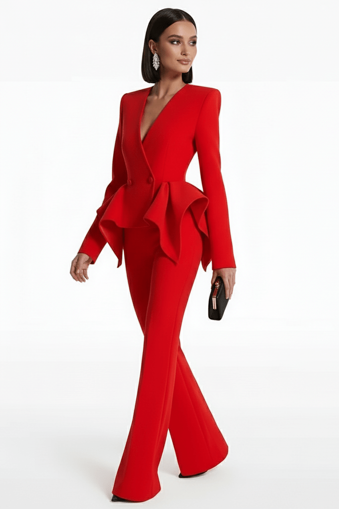 Riviera Red Ruffle Trouser Suit by Shine | from Luxe Lane | SKU: -1 | Barcode:  | Options: S | Woman wearing a red peplum jumpsuit on a white background