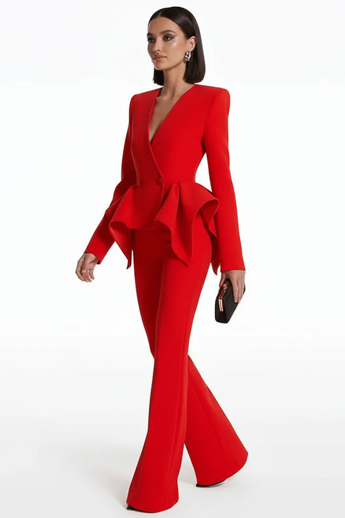 Riviera Red Ruffle Trouser Suit by Shine | from Luxe Lane | SKU: -1 | Barcode:  | Options: S | Riviera Red Ruffle Trouser Suit