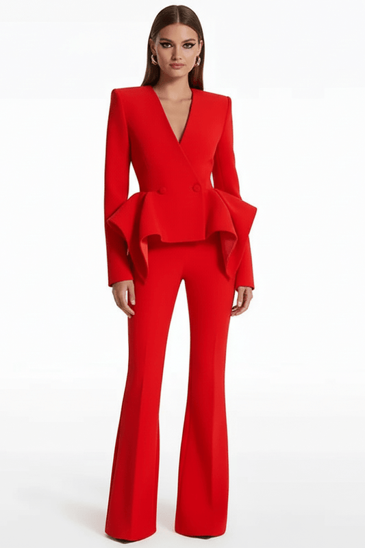Riviera Red Ruffle Trouser Suit by Shine | from Luxe Lane | SKU: -1 | Barcode:  | Options: S | Riviera Red Ruffle Trouser Suit