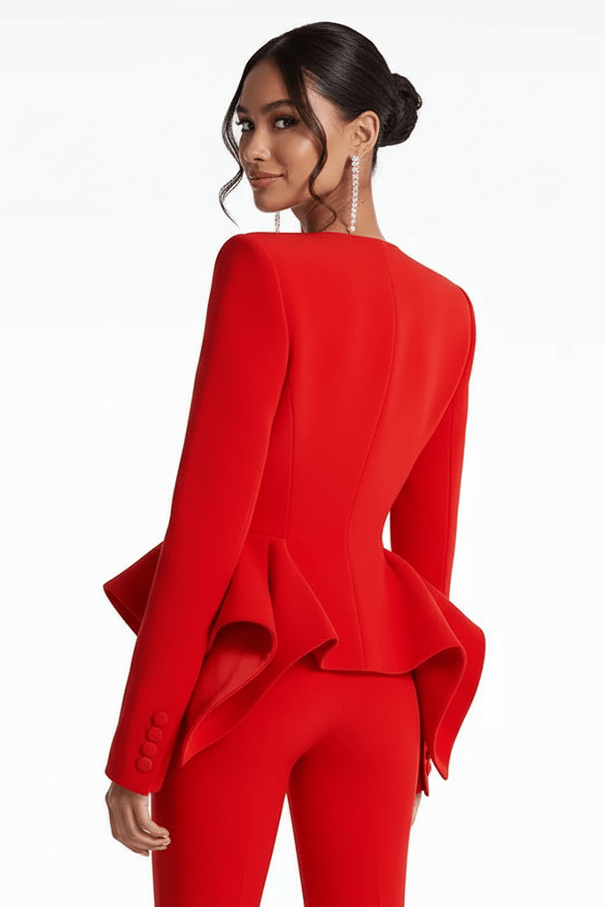 Riviera Red Ruffle Trouser Suit by Shine | from Luxe Lane | SKU: -1 | Barcode:  | Options: S | Riviera Red Ruffle Trouser Suit