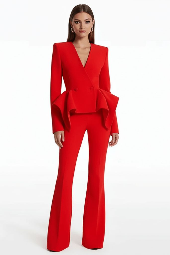 Riviera Red Ruffle Trouser Suit by Shine | from Luxe Lane | SKU: -1 | Barcode:  | Options: S | Riviera Red Ruffle Trouser Suit