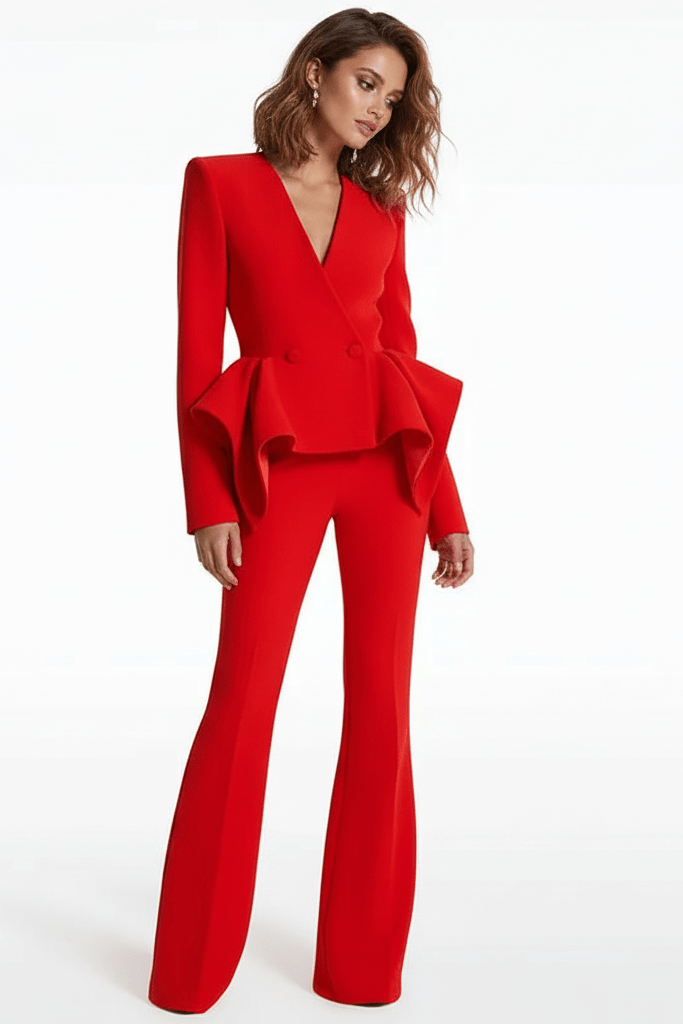 Riviera Red Ruffle Trouser Suit by Shine | from Luxe Lane | SKU: -1 | Barcode:  | Options: S | Woman wearing a red peplum jumpsuit on a white background